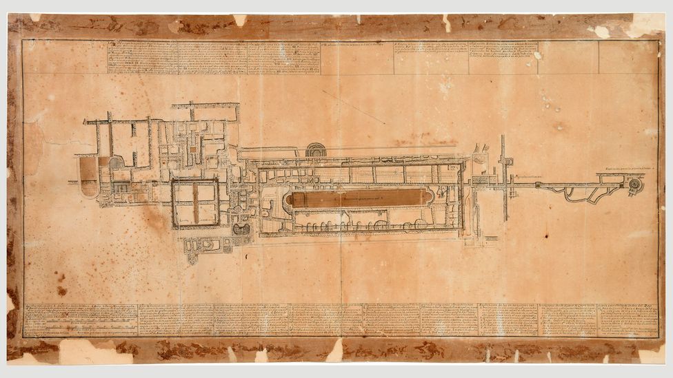 Excavation plan of the Villa dei Papiri, which remained concealed until the mid-18th Century (Credit: Getty Museum) Excavation plan of the Villa dei Papiri, which remained concealed until the mid-18th Century (Credit: Getty Museum)