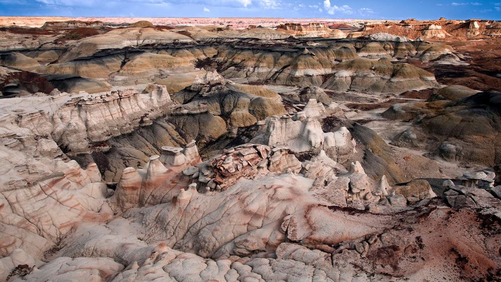 Panorama view of the Bisti Badlands in New Mexico