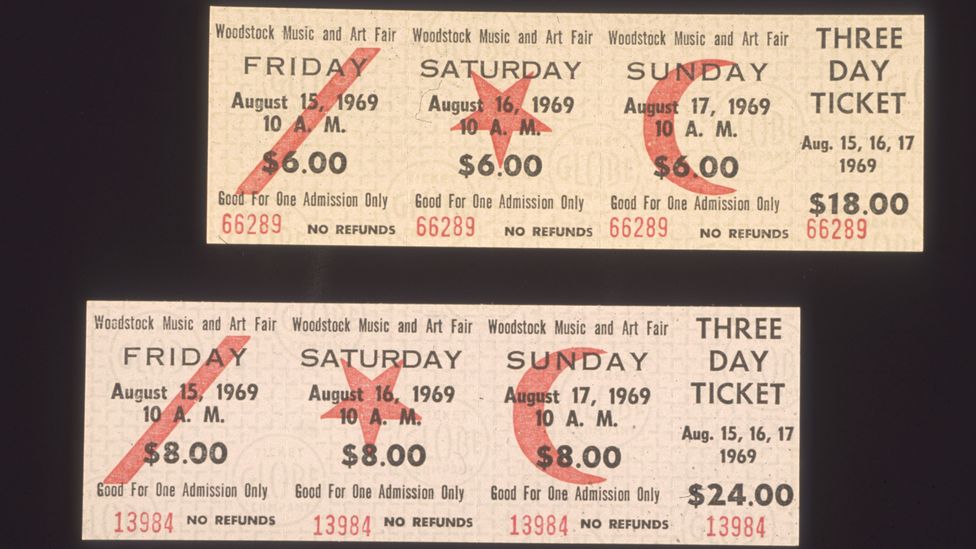 Tickets for the Woodstock festival in 1969
