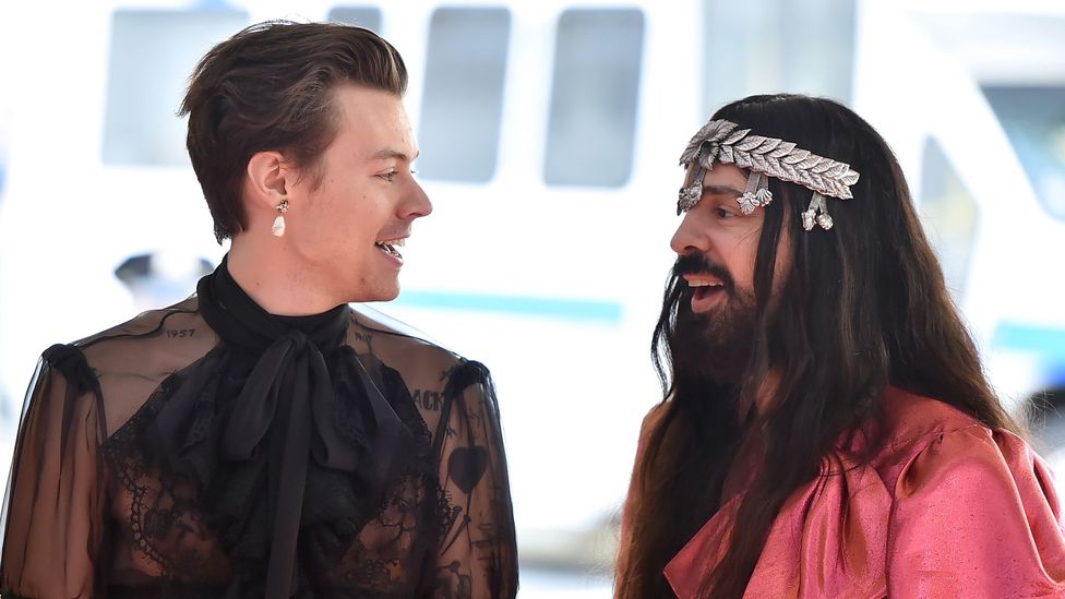 Harry Styles, wearing a pearl earring, and Gucci’s Alessandro Michele at the Met Gala 2019 (Getty Images)