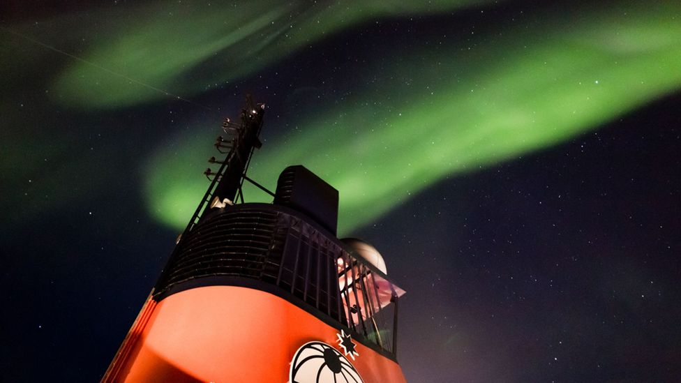 The scientists and crew on board Polarstern catch sight of the aurora on their journey to the ice, but soon they will be too far north to see it (Credit: AWI/Stefan Hendricks) The scientists and crew on board Polarstern catch sight of the aurora on their journey to the ice, but soon they will be too far north to see it (Credit: AWI/Stefan Hendricks)