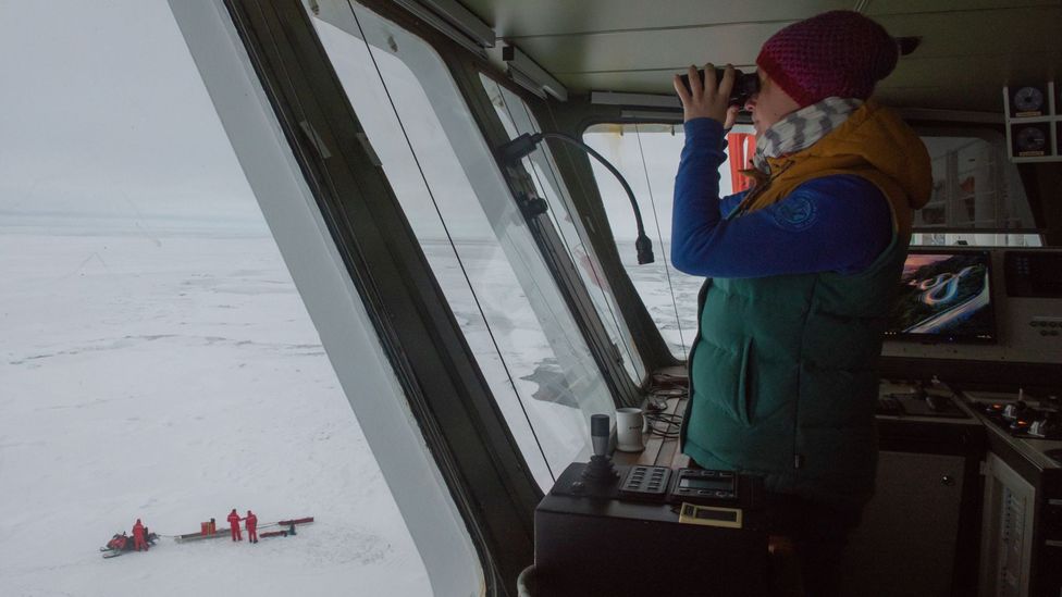 Although the Polarstern is an icebreaker, the expedition still needs to look out for the more dangerous pieces of ice (Credit: AWI/Esther Horvath) Although the Polarstern is an icebreaker, the expedition still needs to look out for the more dangerous pieces of ice (Credit: AWI/Esther Horvath)