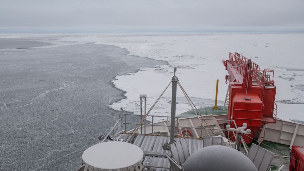 The edges of the "fortress" ice floe seem thin and waterlogged but in the distance the ice rises up and becomes thicker (Credit: Esther Horvath/AWI) The edges of the "fortress" ice floe seem thin and waterlogged but in the distance the ice rises up and becomes thicker (Credit: Esther Horvath/AWI)