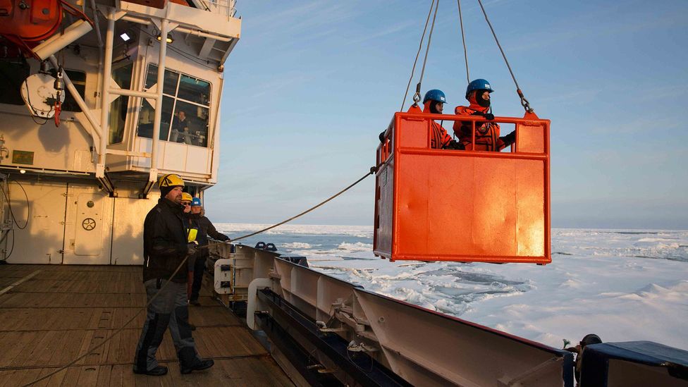 Getting on and off the ship is no easy task when the sea ice cracks and breaks around the floating vessel (Credit: Sebastian Grote/AWI) Getting on and off the ship is no easy task when the sea ice cracks and breaks around the floating vessel (Credit: Sebastian Grote/AWI)