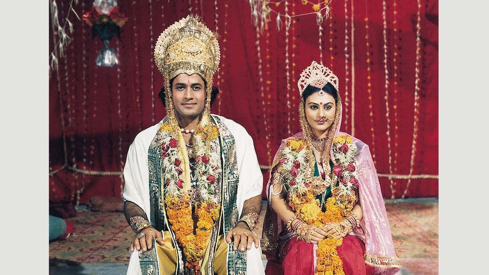 Lord Ram (Arun Govil) marries Sita (Deepika Chikhalia) after proving himself heroic in a contest against other suitors (Credit: Ramanand Sagar Productions) Lord Ram (Arun Govil) marries Sita (Deepika Chikhalia) after proving himself heroic in a contest against other suitors (Credit: Ramanand Sagar Productions)