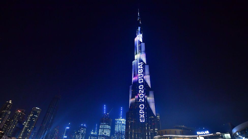 Dubai's Burj Khalifa, the world’s tallest building, is illuminated to mark the one-year countdown to Expo 2020 on 20 October 2019 (Credit: Getty Images)