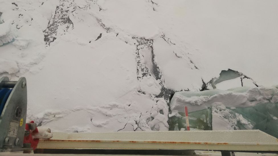 Cutting through the ice in the region of 85 degrees north and 135 east reveals it to be unexpectedly thin (Credit: Martha Henriques) Cutting through the ice in the region of 85 degrees north and 135 east reveals it to be unexpectedly thin (Credit: Martha Henriques)