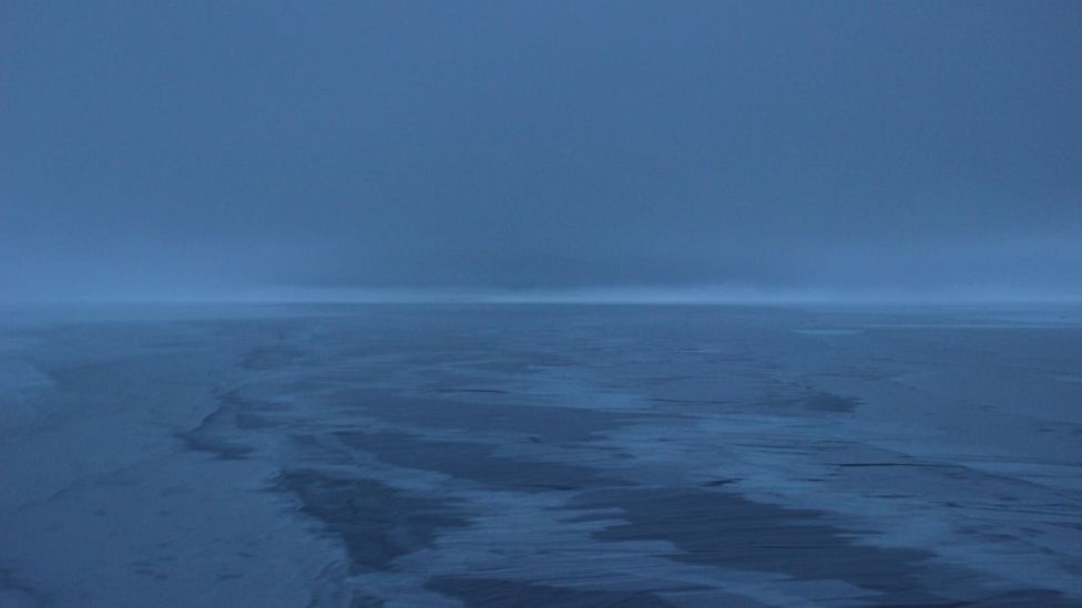 In the polar night, the ice all takes on a bluish colour, and distinguishing between types becomes harder (Credit: Martha Henriques) In the polar night, the ice all takes on a bluish colour, and distinguishing between types becomes harder (Credit: Martha Henriques)