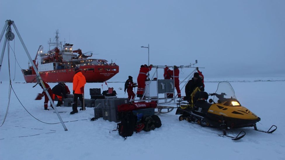 A network of instruments has to be set up in a 40km radius around the German icebreaker Polarstern (Credit: Martha Henriques) A network of instruments has to be set up in a 40km radius around the German icebreaker Polarstern (Credit: Martha Henriques)