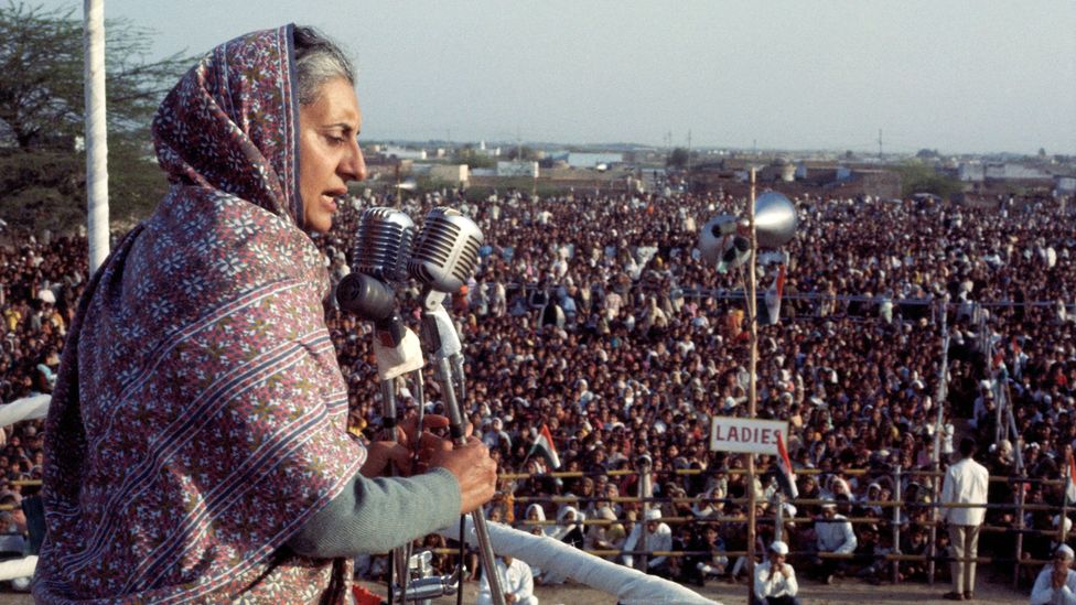 Prime Minister Indira Gandhi addresses a rally in 1971, the same year she outlawed all hunting in India (Credit: Getty Images)