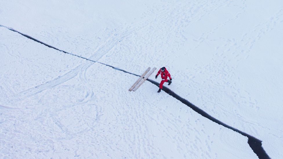 Cracks are one of the primary risks for people working on the sea ice (Credit: Thea Schneider)