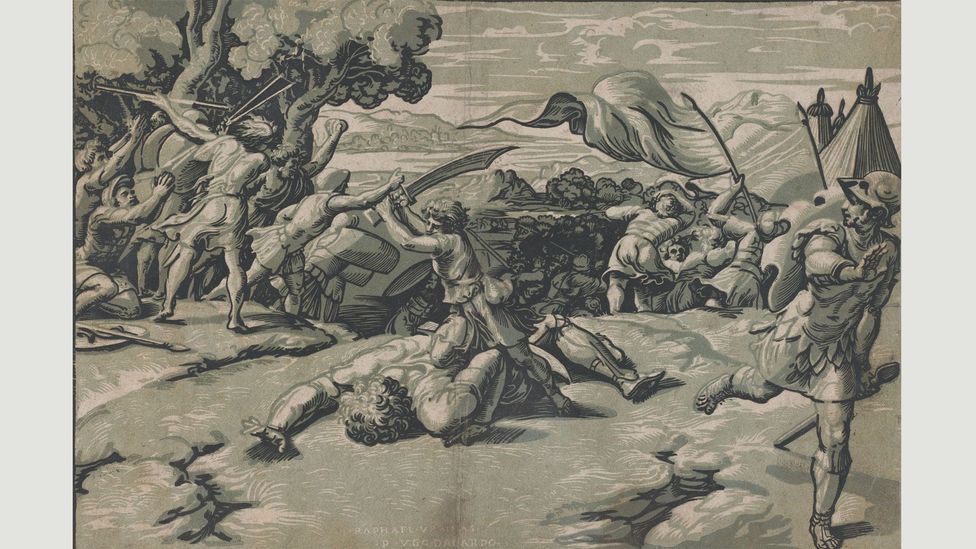 Based on a design by Raphael, Ugo da Carpi’s David Slaying Goliath (c 1520-27) was one of the first examples of woodcuts in “light and dark” (chiaro et scuro), or chiaroscuro
