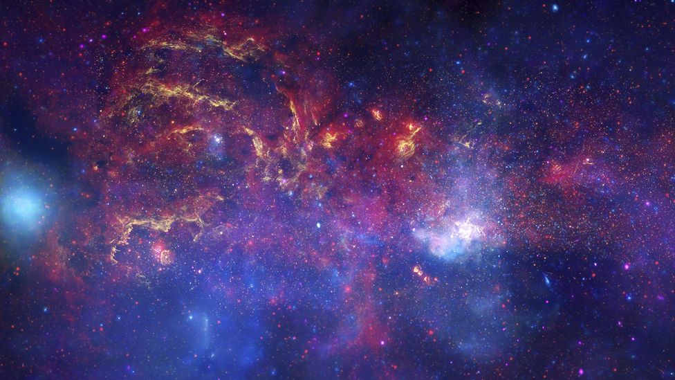 The Universe we can currently see is made up of clumps of particles, dust, stars, black holes, galaxies, radiation (Credit: NASA/JPL-Caltech/ESA/CXC/STScI)
