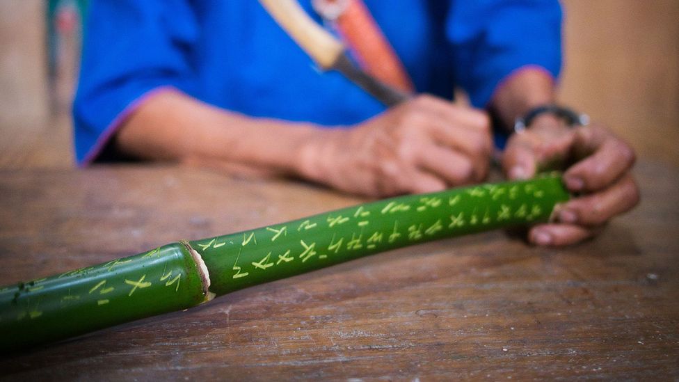 Hanunuo, an endangered alphabet used in the Philippines, is traditionally inscribed onto bamboo (Credit: Ferdz Decena)