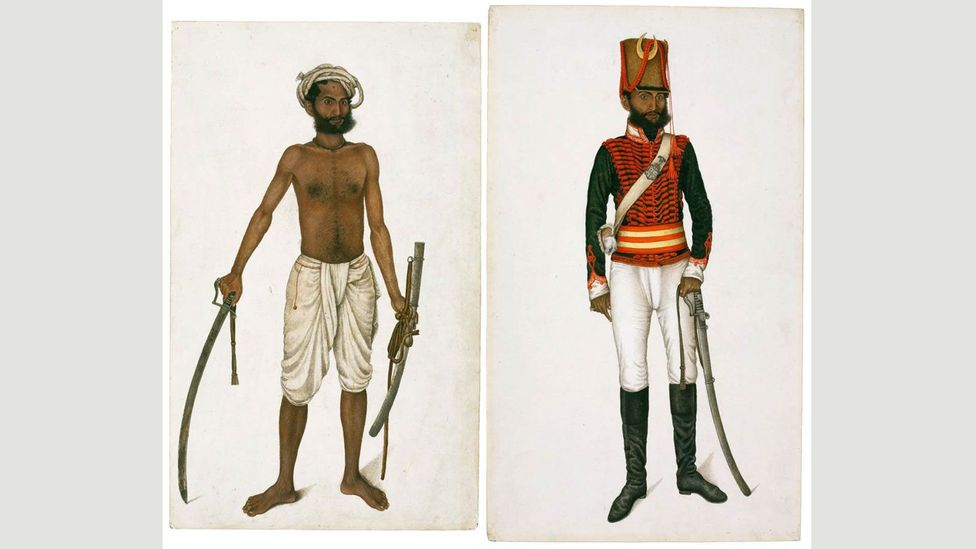 Left: Kala after Killing a Tiger; Right: Kala in the Uniform of Skinner’s Horse (1815-1816), by an artist in the circle of Ali Khan (Credit: David Collection, Copenhagen) Left: Kala after Killing a Tiger; Right: Kala in the Uniform of Skinner’s Horse (1815-1816), by an artist in the circle of Ali Khan (Credit: David Collection, Copenhagen)