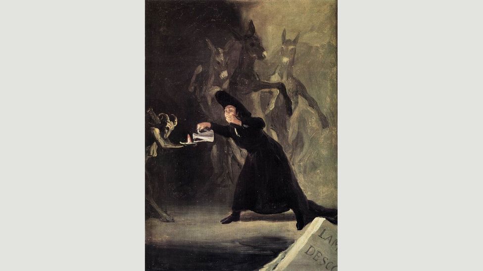 The Bewitched Man by Goya depicts a scene from a play in which the protagonist, Don Claudio, believes he is bewitched and that his life depends on keeping a lamp alight
