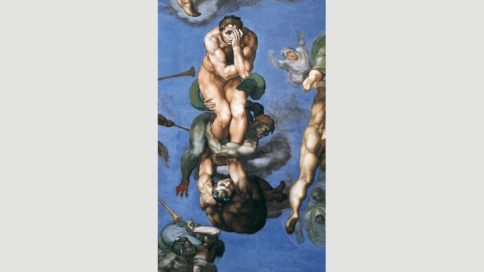 Michelangelo’s Last Judgement fresco covers the entire altar wall of the Sistine Chapel in Vatican City; on the right, the souls of the damned descend to hell