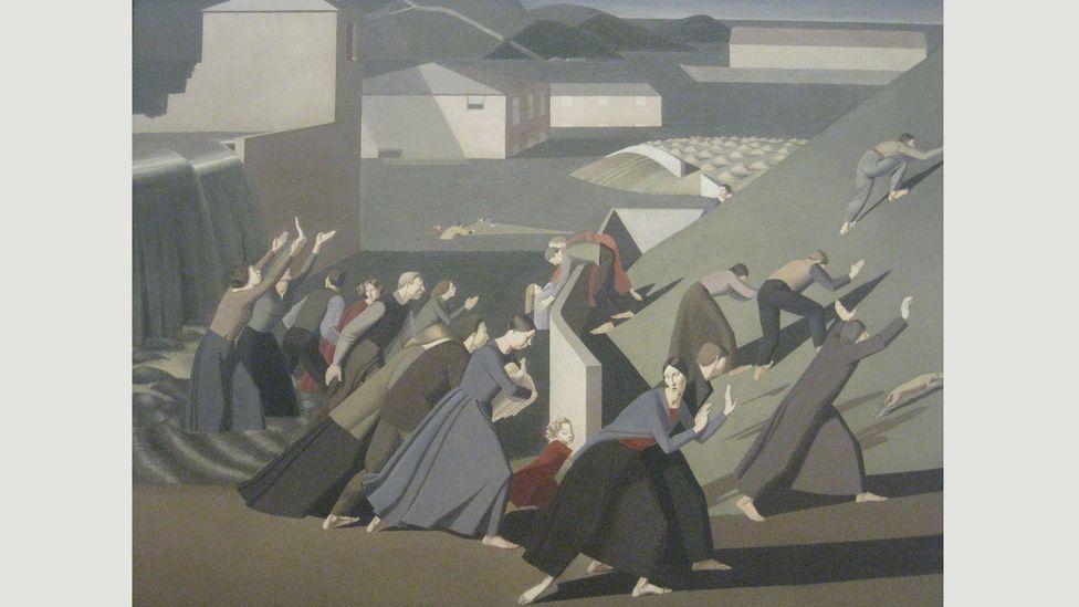 The Deluge (1920) by Winifred Knights depicts an apocalyptic flood in which figures flee to higher ground while Noah’s ark glides away in the distance