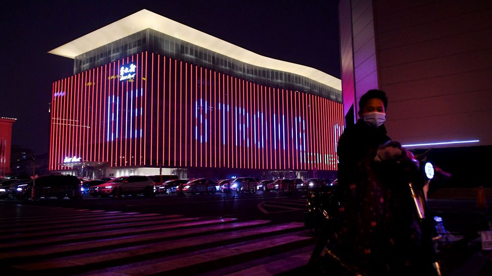 A message of support which reads "Be Strong China" is seen on a building in Beijing amid the country's Covid-19 coronavirus outbreak (Credit: Getty Images)