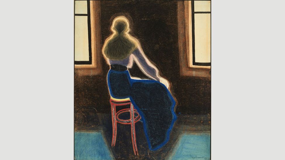 Young Woman on a Stool (1909) is surrounded by a glowing aura as if fizzing with energy Young Woman on a Stool (1909) is surrounded by a glowing aura as if fizzing with energy