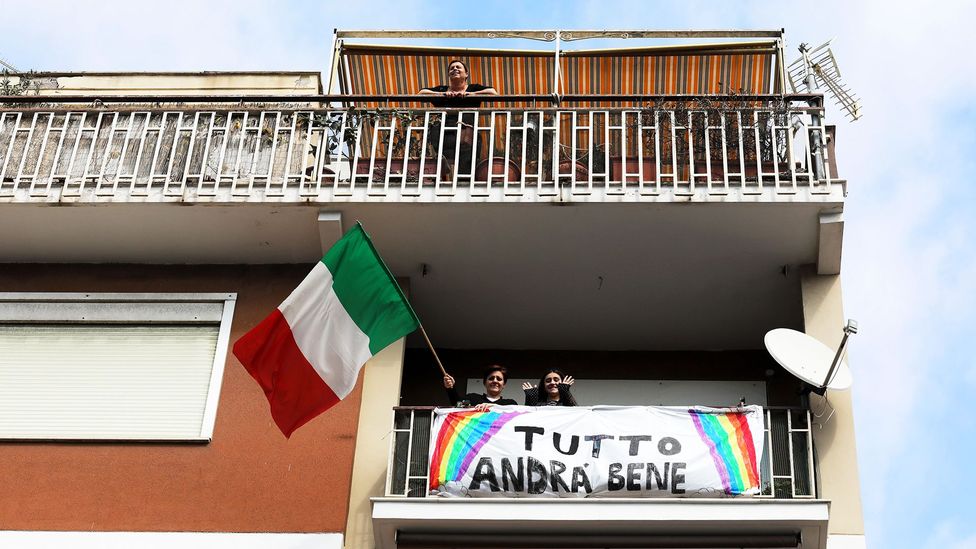 Ostia residents display a banner which reads "everything will be fine" (Credit: Marco Di Lauro/Getty Images)