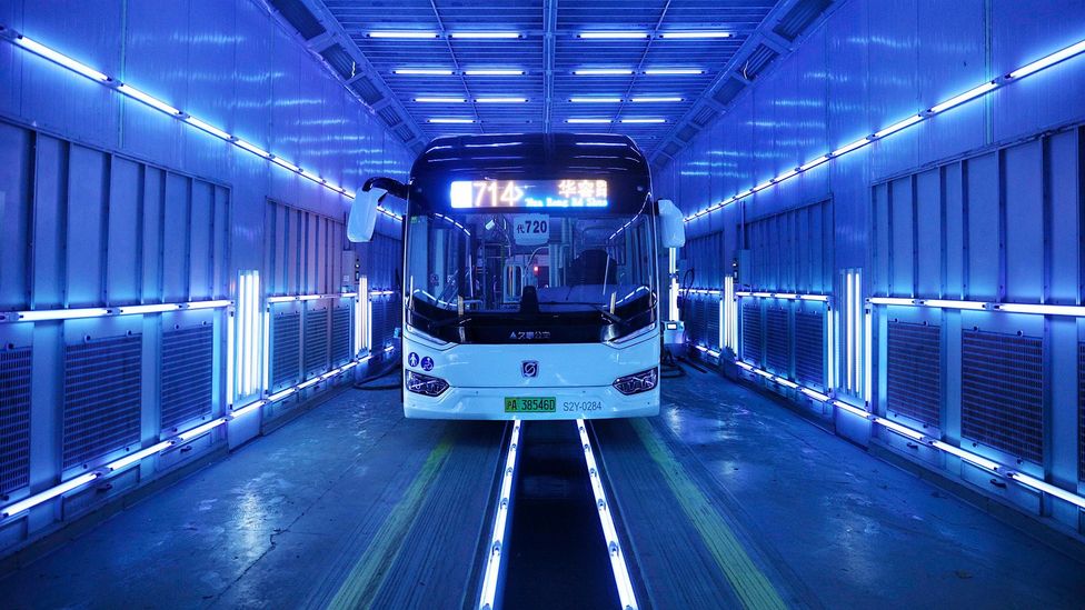 A bus is disinfected using UVC in Shanghai, China (Credit: Getty Images)