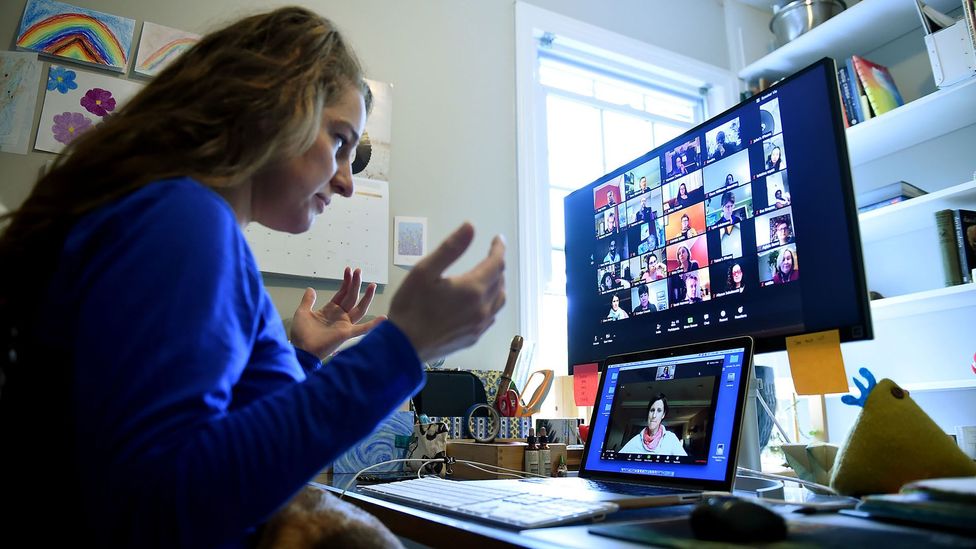 A teacher in the US state of Virginia leads a class over video chat app Zoom amid the pandemic on 1 April (Credit: Getty Images)