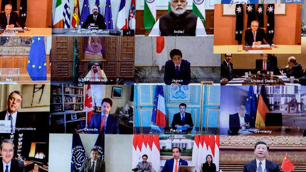 G20 leaders hold a video conference in March. From politics to business to happy hour, video chats are now how many of us communicate all day, each day (Credit: Getty Images)