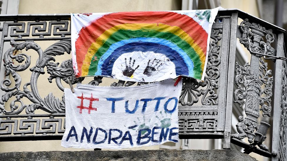 A banner reading ‘everything will be fine’ hangs on a balcony in Turin (Credit: Nicolò Campo/LightRocket via Getty Images)