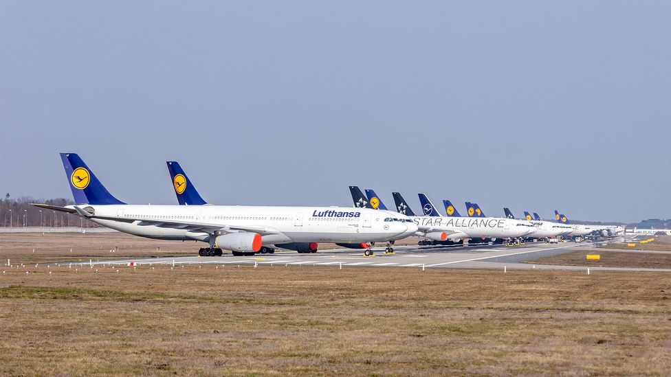 Frankfurt Airport, one of Europe’s busiest hub airports, has dedicated one of its four runways to house dozens of grounded aircraft (Credit: Getty Images)