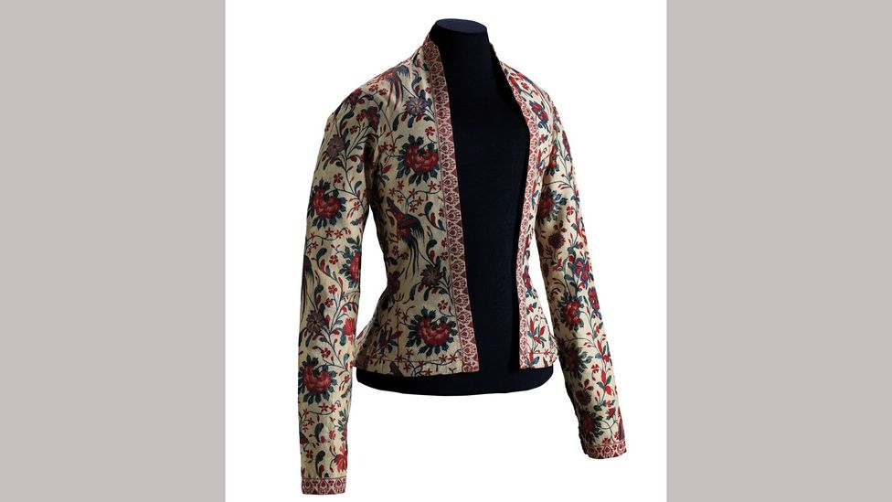 The textile for this jacket was hand-drawn and dyed in southeast India in the 18th Century, then tailored in Europe The textile for this jacket was hand-drawn and dyed in southeast India in the 18th Century, then tailored in Europe