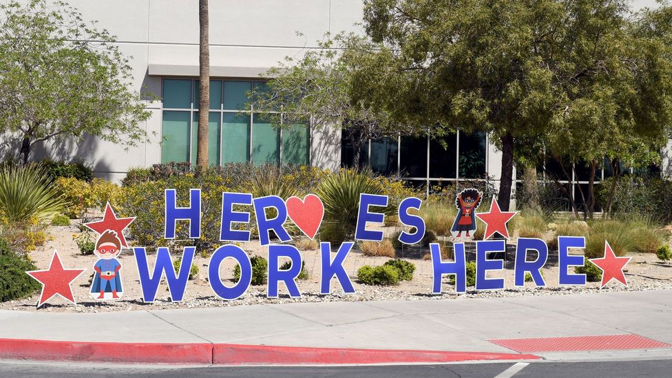 Heroes sign at medical centre in Las Vegas on 21 April 2020 Heroes sign at medical centre in Las Vegas on 21 April 2020