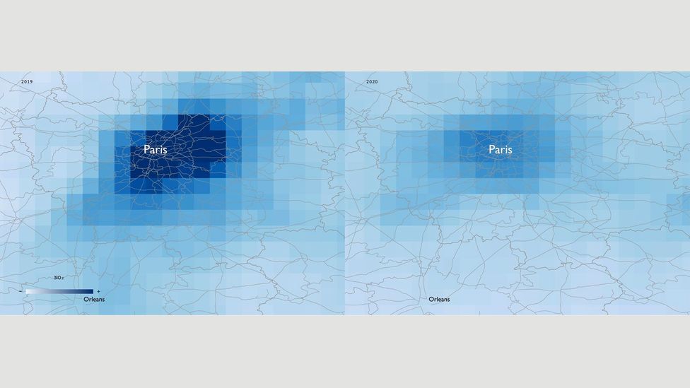 Images from the European Space Agency show NO2 emissions in Paris in March 2020 were down significantly compared with the same period in 2019 (Credit: Reuters)