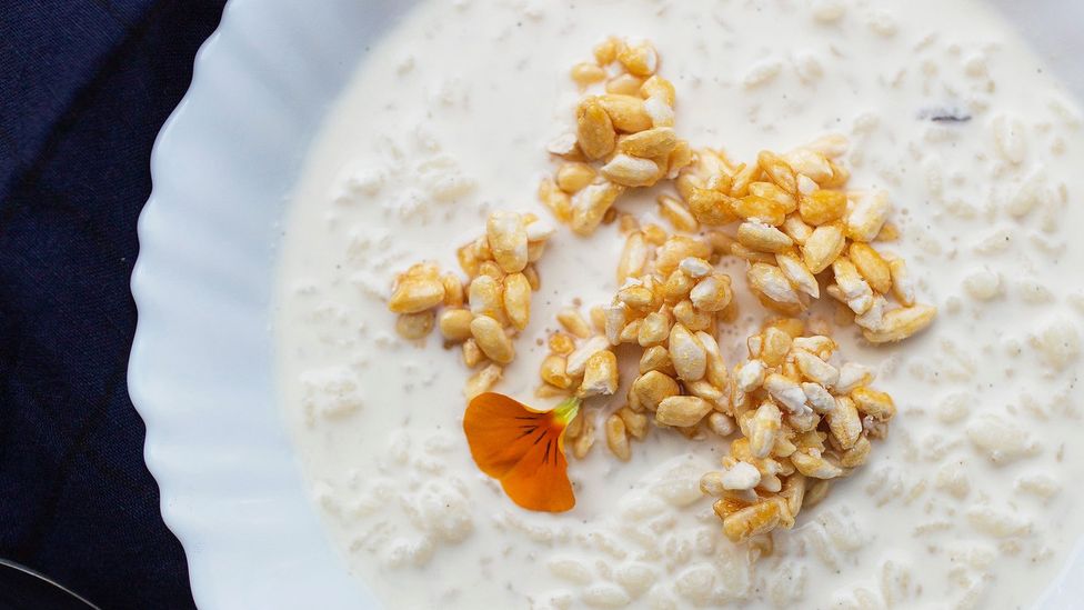 Marine Gora's riz au lait at Gramme in Paris is topped with caramel-coated puffed rice (Credit: Gramme)