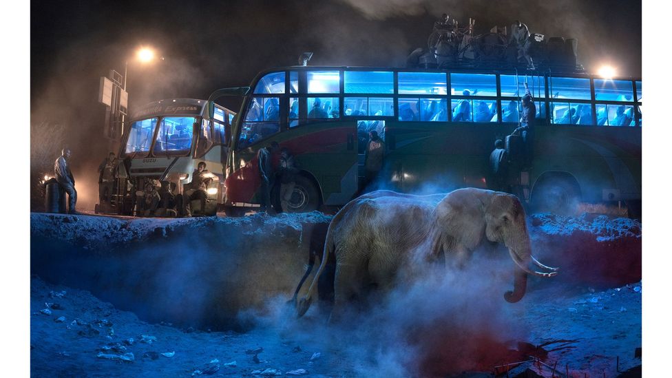 Bus station with elephant in dust by Nick Brandt (Credit: Nick Brandt)