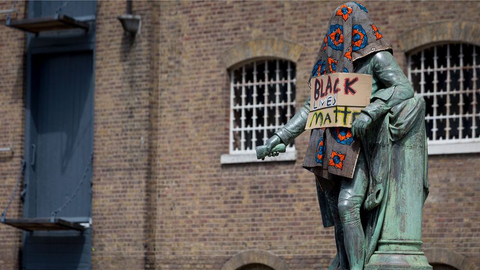 The statue of merchant slave owner Robert Milligan was covered by Black Lives Matter activists in London; it was later removed by the Canal and River Trust (Credit: Getty Images)