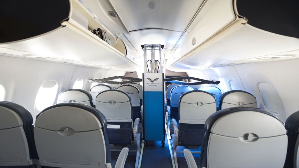 GermFalcon shines UVC light onto aeroplane tables and seat cushions to kill germs (Credit: GermFalcon) GermFalcon shines UVC light onto aeroplane tables and seat cushions to kill germs (Credit: GermFalcon)