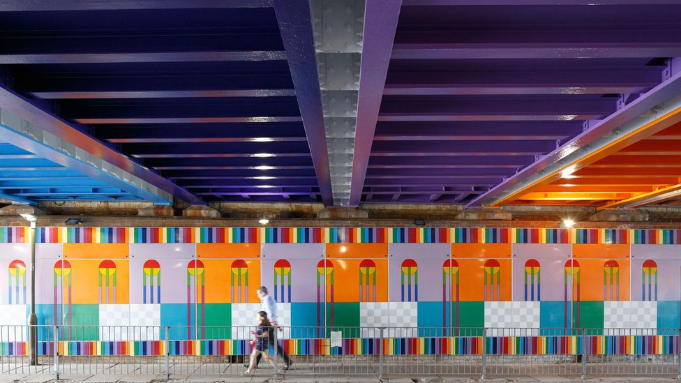 Yinka Ilori's Happy Street permanent installation has transformed a London railway bridge (Credit: Luke O'Donovan)