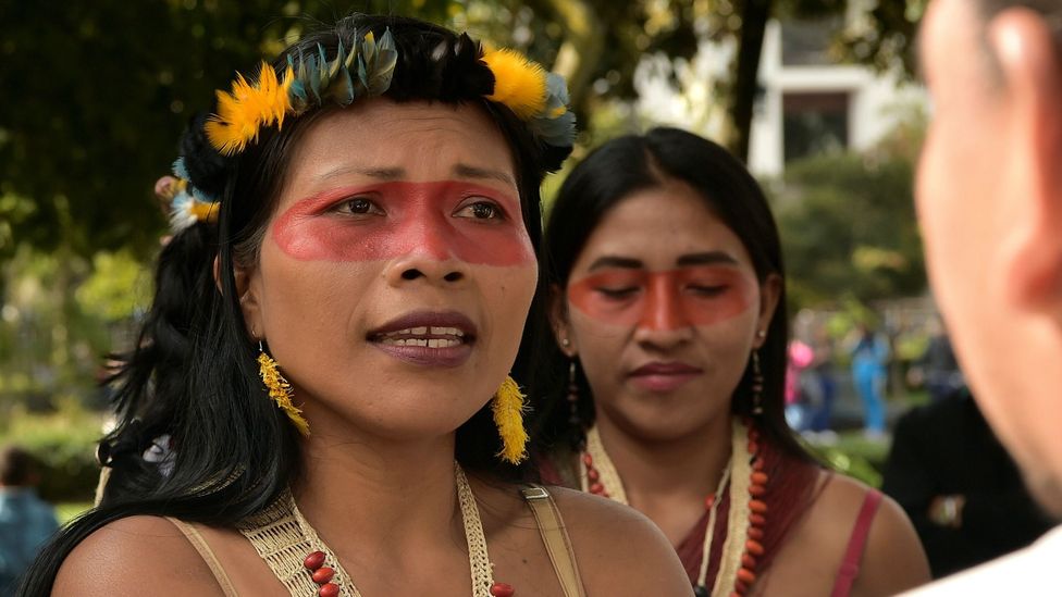 Waorani President Nemonte Nenquimo speaks during a demonstration against oil companies entering ancestral Amazonian lands in Quito, Ecuador in 2019 (Credit: Getty Images)