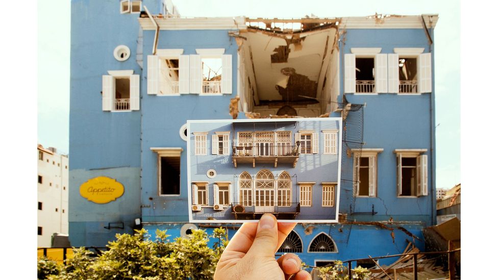 After the explosion, they tracked down 25 of the buildings, and left behind a postcard from their series (Credit: Joseph M Khoury)