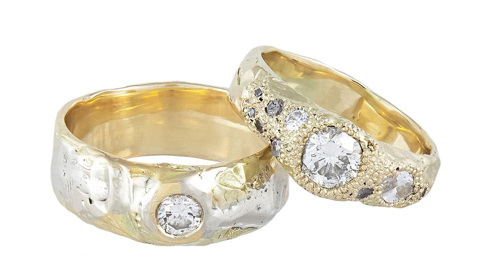 Wedding rings by Ellis Mhairi Cameron feature re-fashioned heirloom diamonds already owned by the couple (Credit: Goldsmiths' Fair)