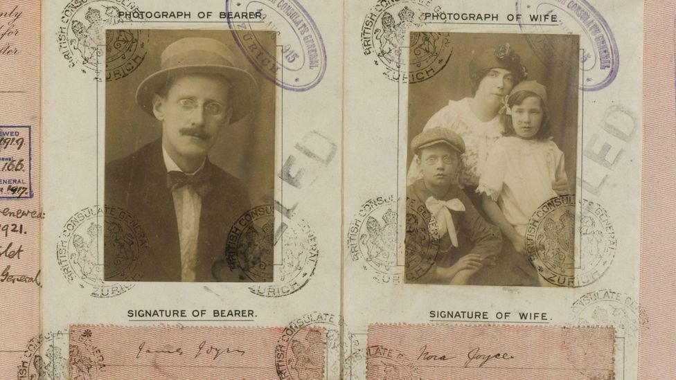 James Joyce's wartime passport, which includes a picture of his family for group travel (Credit: Alamy)