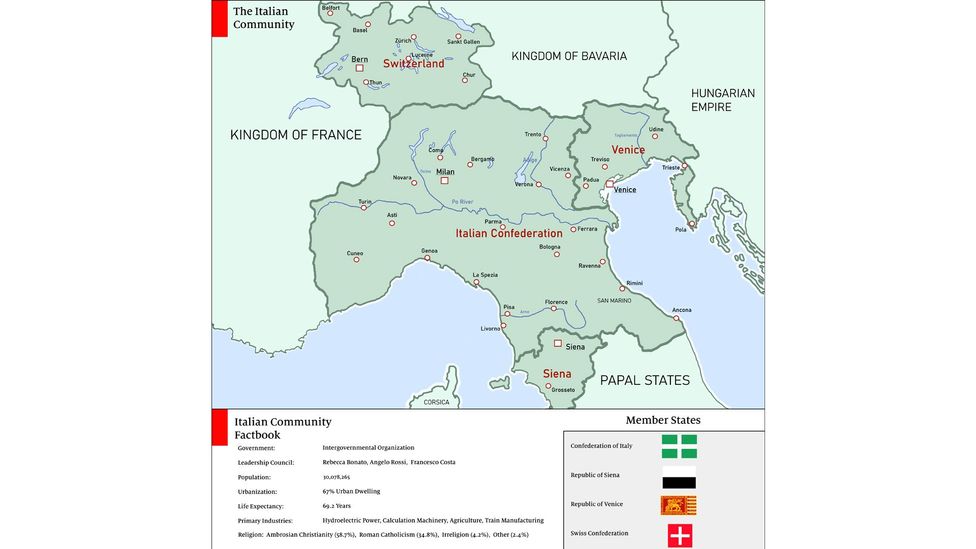 Italy in a fictional 2020, assuming a historical divergence that began in 1320 and with a very different Hundred Years War (Credit: Mekul565)