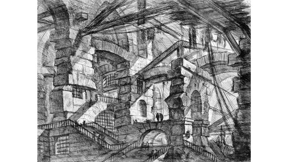 The Gothic arch, Italy, 1749: this print by John Wilton-Ely depicts an imagined architectural feature from an etching by the Italian artist Giovanni Battista Piranesi