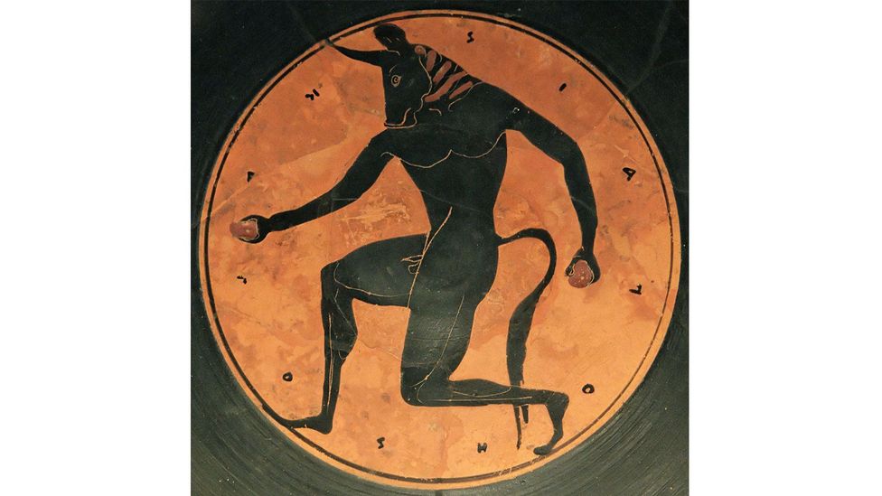Theseus mitinden Minotaur, İspanya Ulusal Arkeoloji Müzesi'nden MÖ 515 dolaylarında çömlekçilik, Madrid (Kredi: Getty Images)