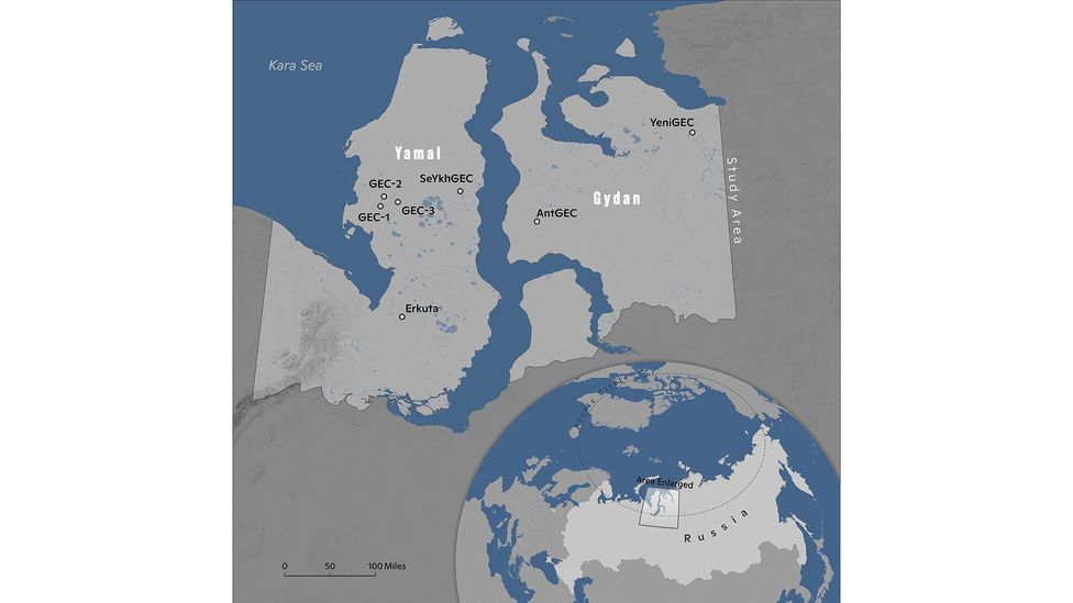 A number of craters have been found among the thermokarst lakes of Yamal and neighbouring Gydan Peninsulas – the locations of seven are shown on this map (Credit: Greg Fiske)