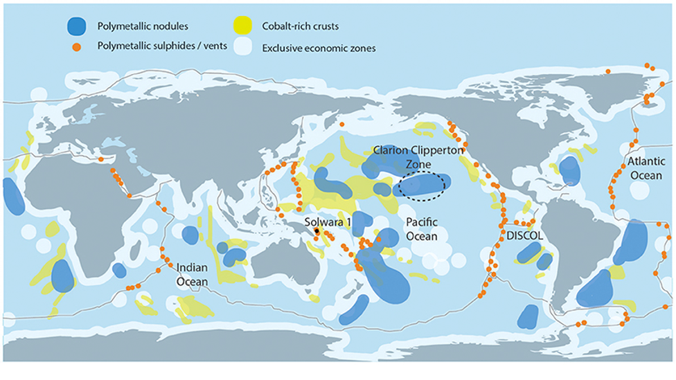 Locations of the three main types of marine mineral deposit, with polymetallic nodules in blue (Credit: Miller et al (2018), based on Hein et al (2013)/Andy Cole/CC BY 4.0)