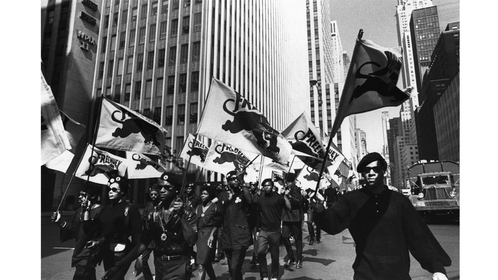 The Black Panthers, pictured in New York in 1968, wore distinctive black berets, signifying resistance (Credit: Getty Images)