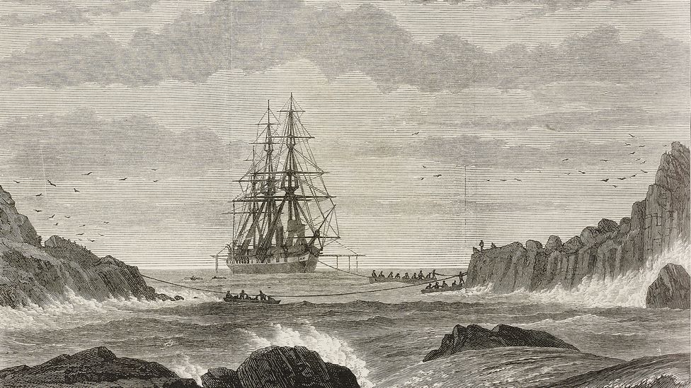 Challenger visited was St Paul's Rocks in the Atlantic, where the vessel was moored using an elaborate system of ropes (Credit: The Illustrated London News/Getty Images)