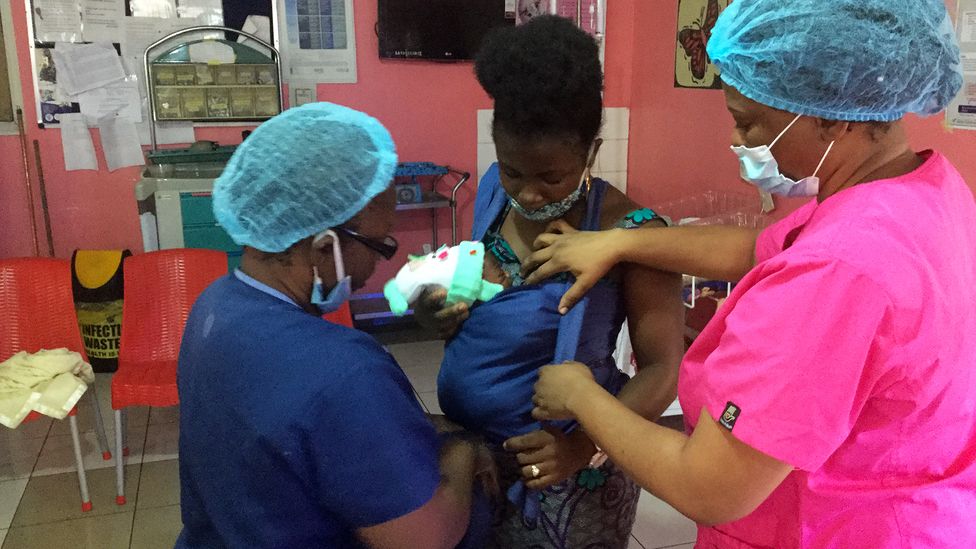 Ojoma Ekhomun has cared for her little boy using kangaroo mother care after he was born premature (Credit: Ayodele Johnson)